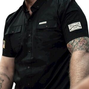 Grunt Style Casual Men’s Black Garage Button Up Shirt With Patches EUC L